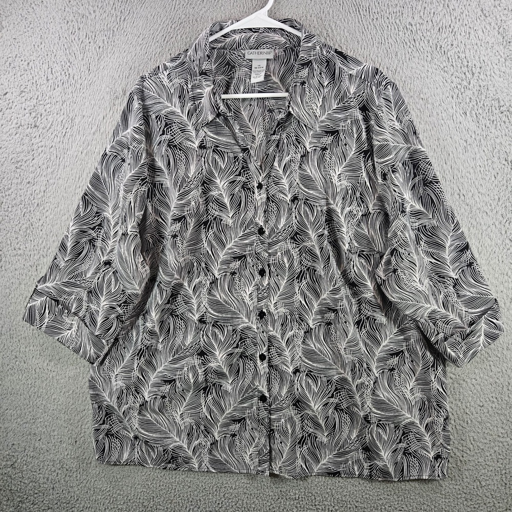 Catherines Blouse Womens 1X 18/20W Black White Abstract Feather Print 3/4 Sleeve